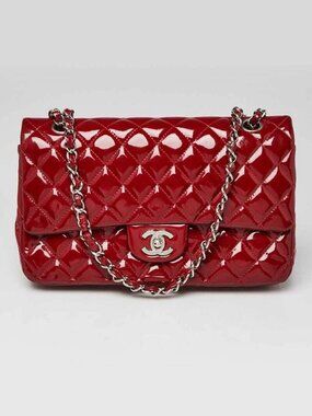 Chanel Red Quilted Patent Leather Classic Medium Double Flap Bag